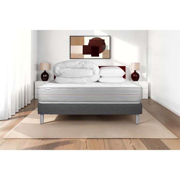 Juego de cama completo de 180x200 cm - Colchón + Base de cama gris (requiere montaje) + 2 almohadas + Edredón - Vitalmemo Gris