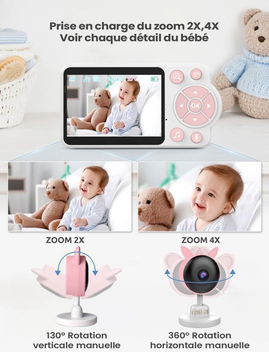 FOSMET BabyPhone Camera, Zoom 4X/2.4GHz Communication Bidirectionnelle/Berceuse/Vision Nocturne/VOX/Capteur de Température, Rose