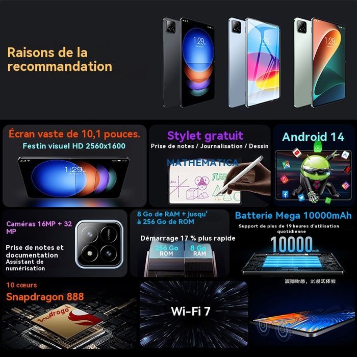 Tablette 10 Pouces Android 14 Tablette, 8 Go RAM 256 Go ROM, Caméra 16MP + 32MP, 5G LTE, 10000mAh Batterie, Bleu