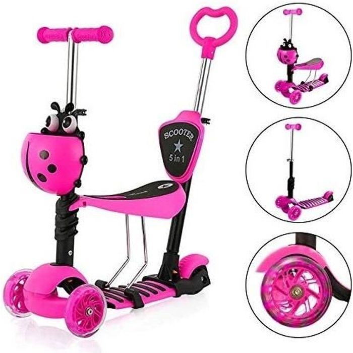 5-in-1 Scooter with Removable Child Seat - Pink - Adjustable Height - 3 LED Light-Up Wheels