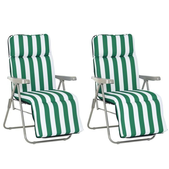 Set of 2 sun loungers - Outsunny - sunbed - adjustable folding deckchair - garden bed - steel - green + white