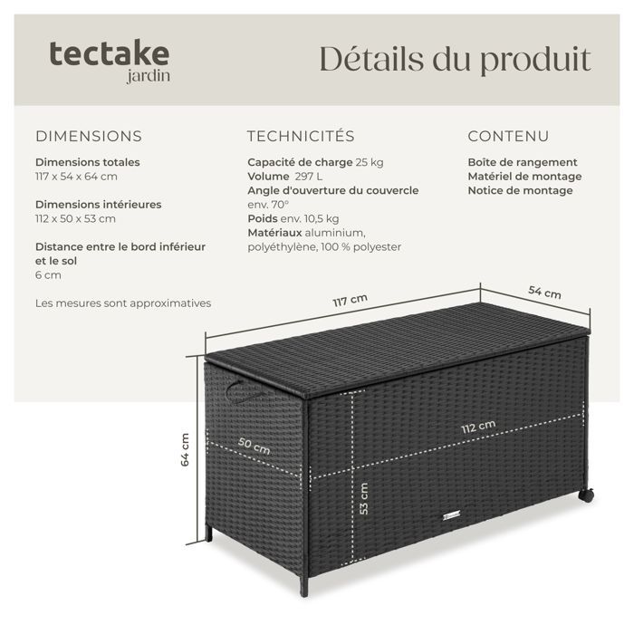 TECTAKE - Caja de almacenamiento Kuusamo - Cofre de exterior de poliratán, aluminio, con ruedas - 117 x 54 x 64 cm - Negro