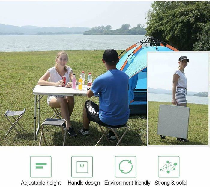 White Aluminum MDF Folding Camping Table, 90 x 60 x 37/67 cm, DAYPLUS, Adjustable Height Garden Table with Storage Box (2 Levels)