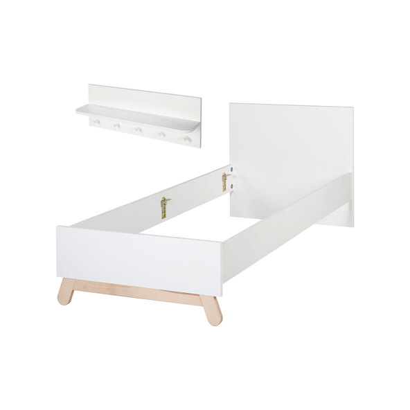 Youth bed including wall shelf, white