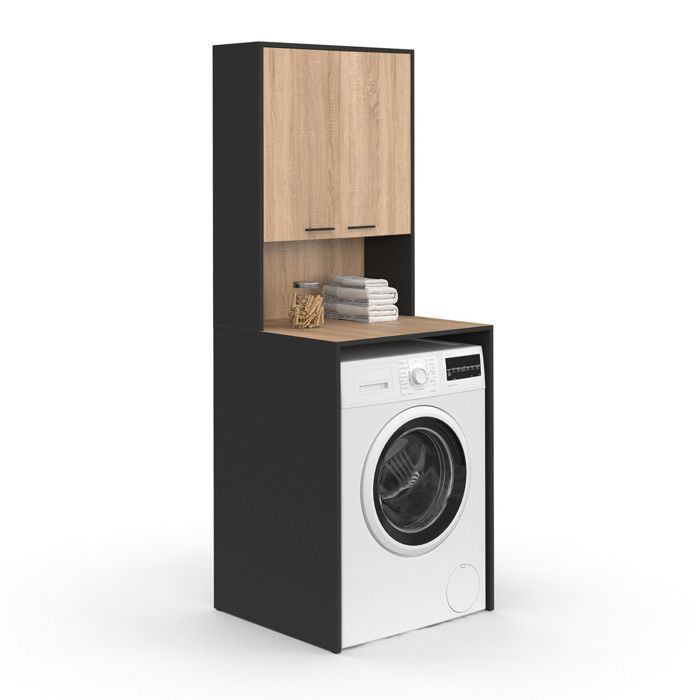 Armário para máquina de lavar roupa IDMARKET WALLIS com estrutura preta e acabamento em madeira com efeito de faia.