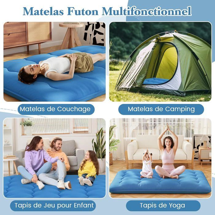 Colchón futón japonés COSTWAY 140x200CM - Cubrecolchón extraíble, colchón plegable para suelo - Hogar, autocaravana, dormitorio - Azul