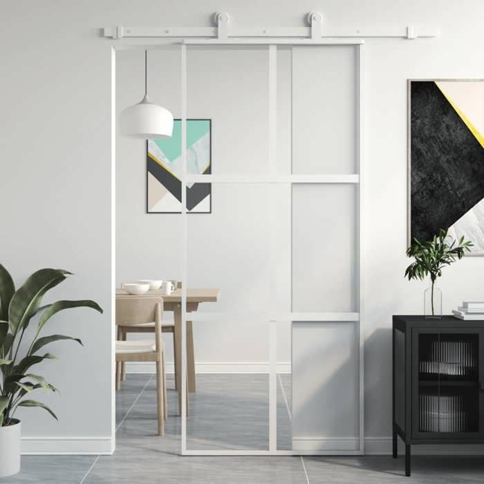 Puerta corredera vidaXL blanca de 90x205 cm con cristal templado y aluminio (155217)