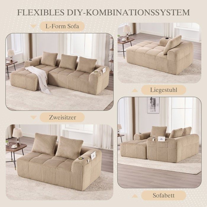 Modular 3-Seater L-Shaped Convertible Sofa with Cup Holders, Corduroy Corner Sofa Bed with 3 Cushions, Khaki