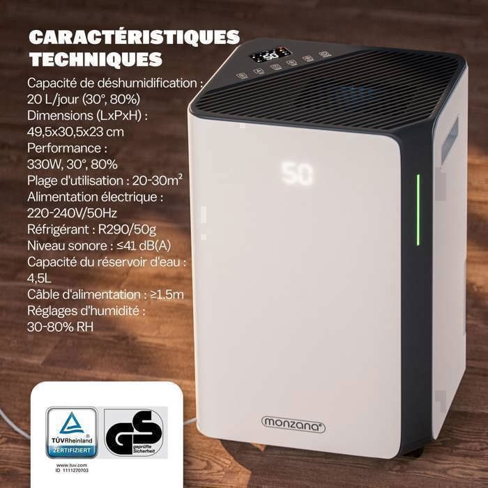 Deshumidificador de aire MONZANA® de 20 l/día y 30 m² con wifi, aplicación para el hogar inteligente y uso en interiores.