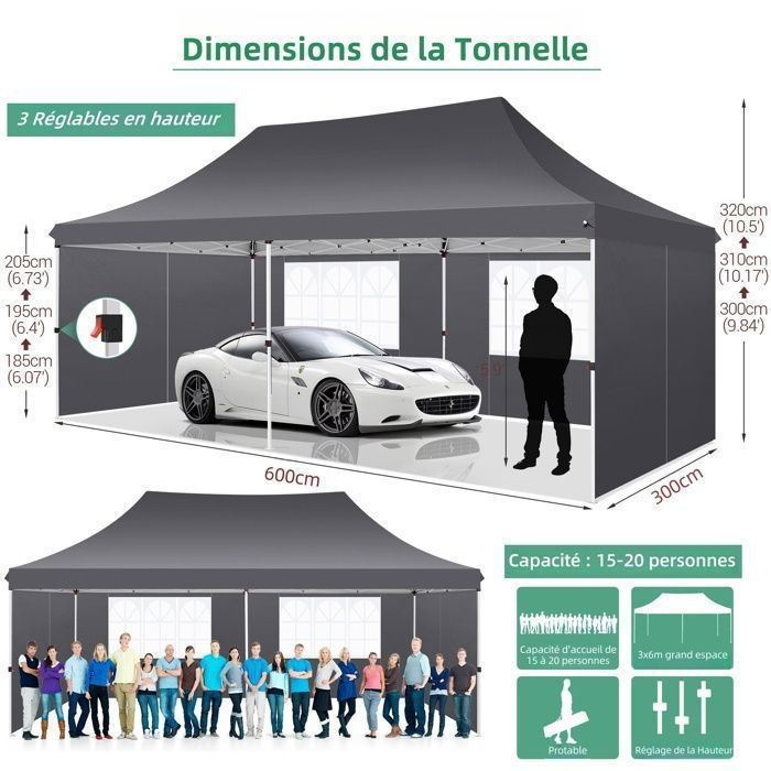 Barnum Pliant 3x6m Tonnelle de Jardin Exterieur Imperméable Tente de Reception avec 6 Parois Latérales Tonnelle Tente UV 50+ - Gris