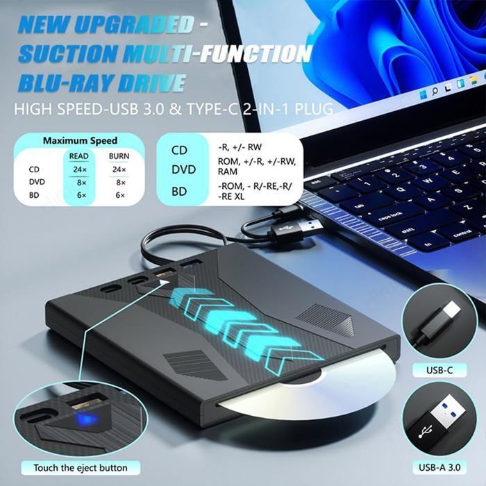 Lecteur Blu-Ray externe USB 3.0 & Type-C, support disques 100 Go, compatible PC/ordinateur portable Label