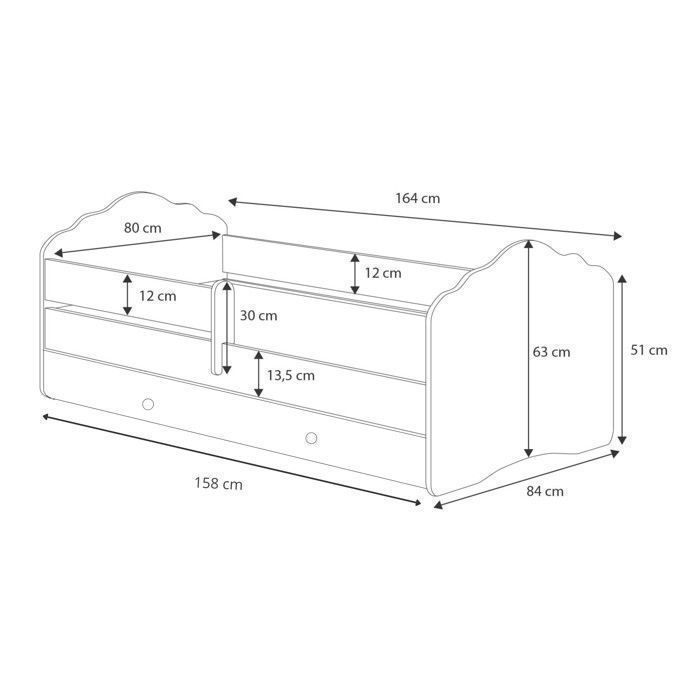 Cama infantil FALA de 80x160 cm + somier de láminas + colchón + cajón + barandilla de seguridad