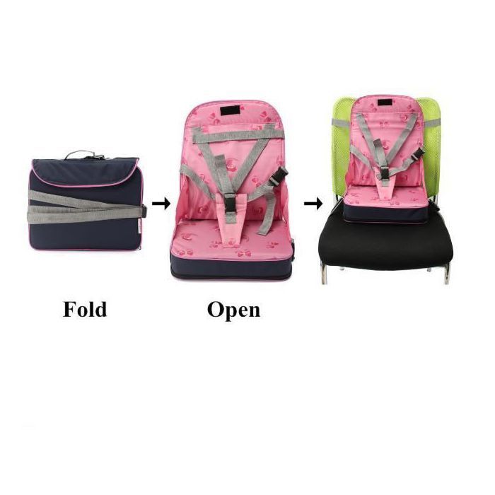 Seggiolino rialzato pieghevole portatile per neonati e bambini + cintura di sicurezza a 5 punti, sedia da viaggio ROSA, RUOTA RALLENTATORE DA TAVOLO ROSA