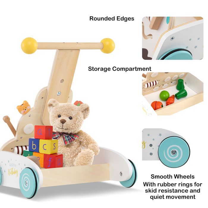 LIFEZEAL Chariot de Marche en Bois pour Bébé 12+ Mois, Trotteur Bebe avec Poignée Réglable à 3 Positions, Compartiment, 4 Roues
