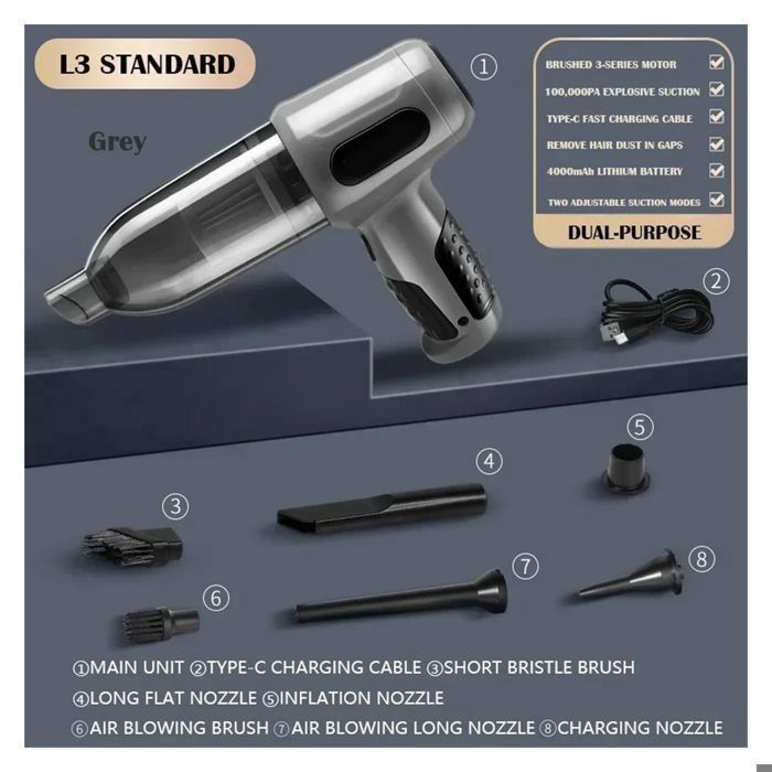 Aspirapolvere per auto, aspirapolvere multifunzione senza fili, potente aspirapolvere portatile 6000/10000pa (grigio (6000pa))