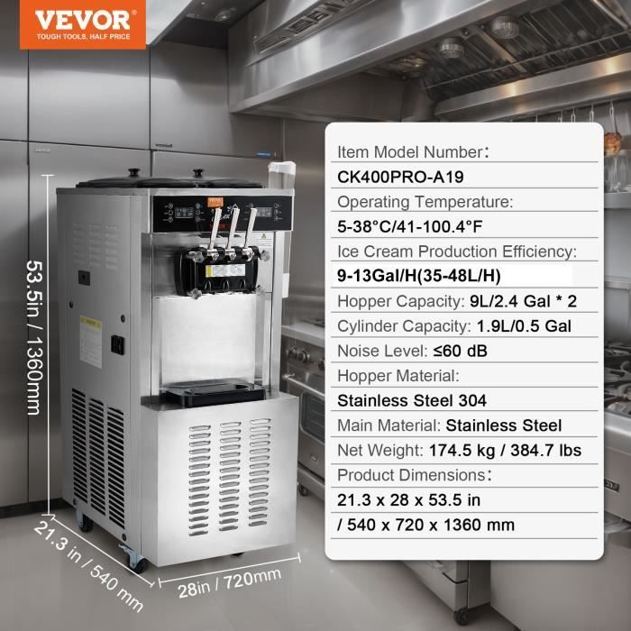Eismaschine - VEVOR - Italienische Eismaschine mit 3 Geschmacksrichtungen, 34-44 l/h, LED-Bedienfeld, Nachtkühlung