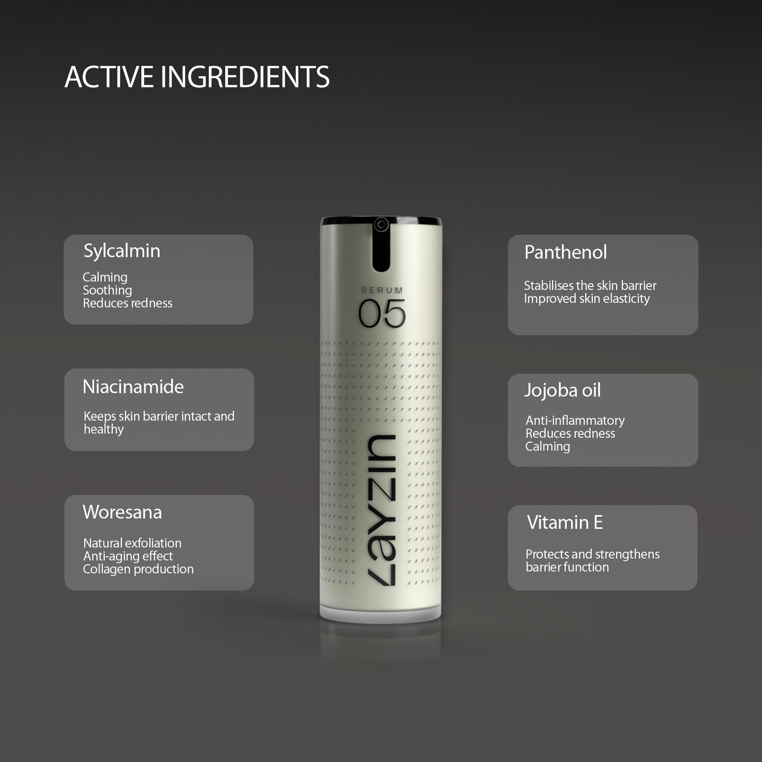LAYZIN senėjimą stabdantis serumas SERUM 05 – Raminamasis serumas jautriai ir sudirgusiai odai – 30 ml
