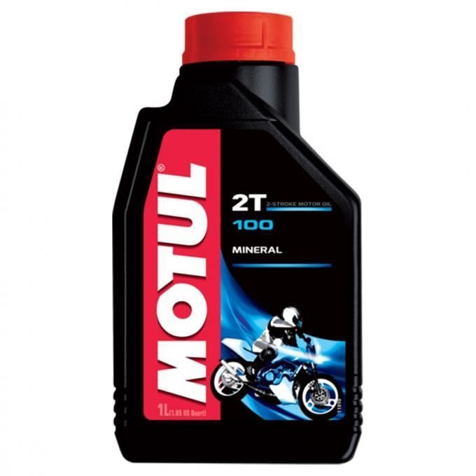 Lata de 1 litro de óleo mineral Motul 100 para motores 2 tempos, adequado para ciclomotores, motocicletas e motonetas.