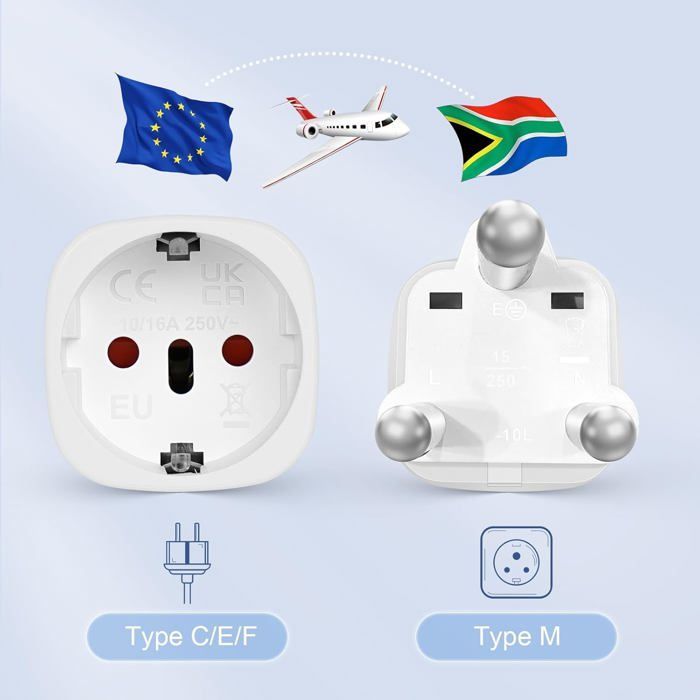 Juego de 2 adaptadores tipo M, para viajes de Francia a Sudáfrica, Mozambique, Bután, Namibia y Botsuana, de 2 a 3 pines.