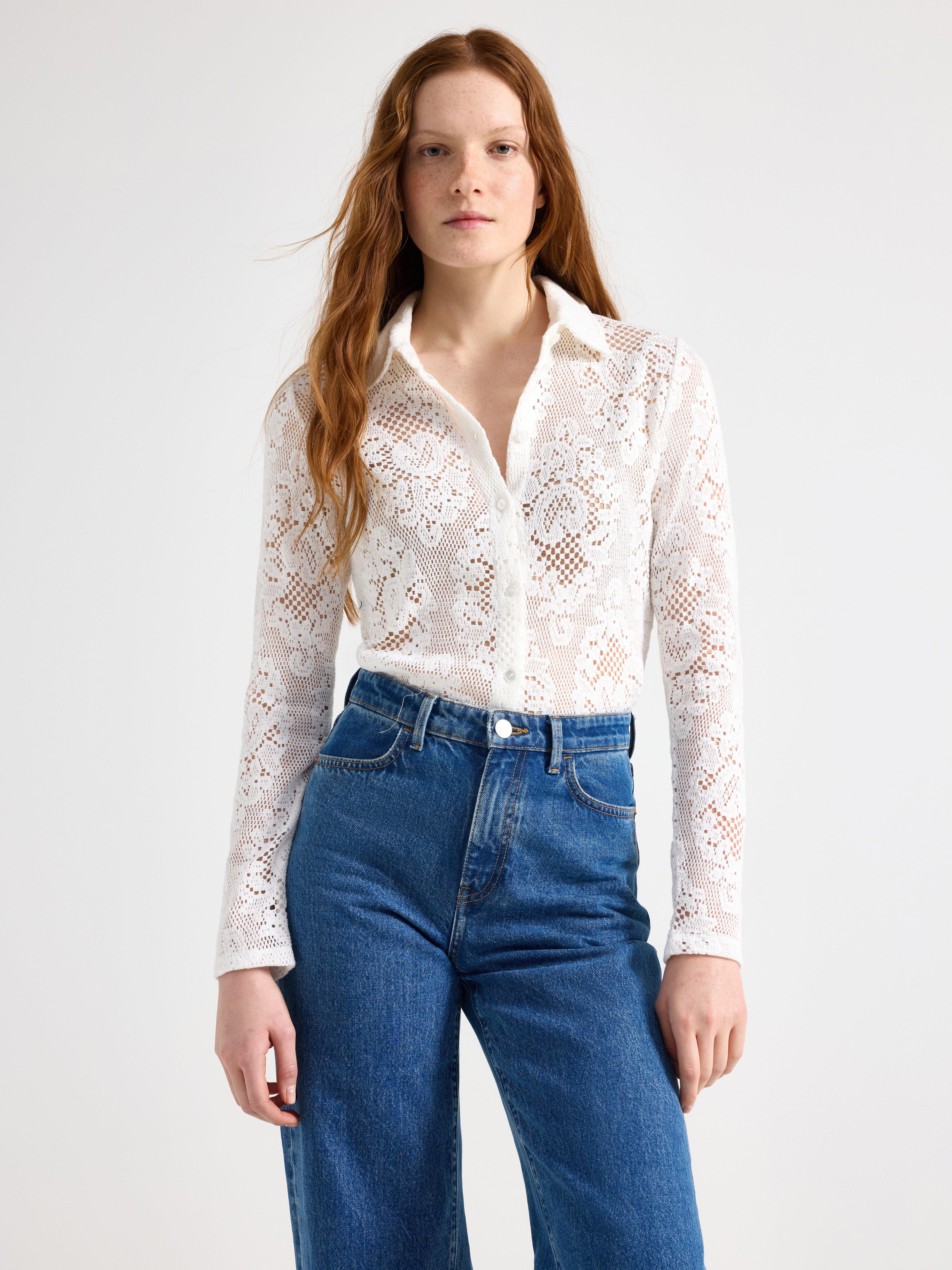 Camisa de malha com detalhes em renda Off White