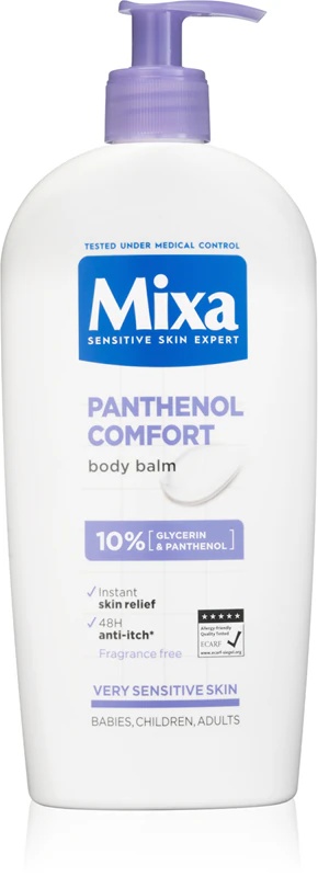 Mixa Panthenol Comfort nomierinošais ķermeņa pieniņš ļoti sausai, jutīgai un atopijai pakļautai ādai.