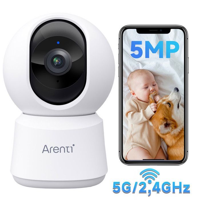 Cámara de seguridad WiFi para interiores ARENTI 3K/5MP, cámaras WiFi de 2.4GHz/5GHz, visión nocturna, cámara para el hogar de 355°, seguimiento automático.