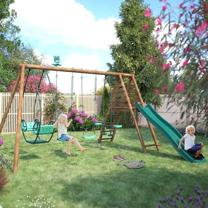 Portique en bois rond 4 agrès avec face à face et toboggan JACINTHE