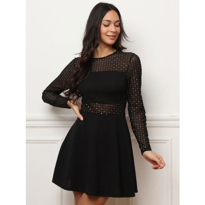 Vestido skater de tul con mangas transparentes. Con lunares brillantes. Para mujer - Vestidos - La Modeuse