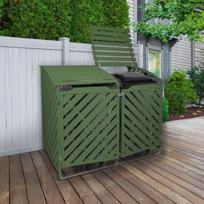 Doppio coperchio in legno per bidone 2 x 240L, verde salvia, per esterni, giardino.
