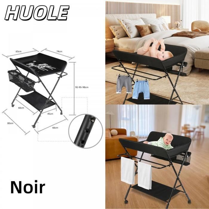 TABLE - Table à langer pour bébé avec panier de rangement et porte-vêtements - Hauteur réglable - 80*66*98 cm - Noir - HUOLE