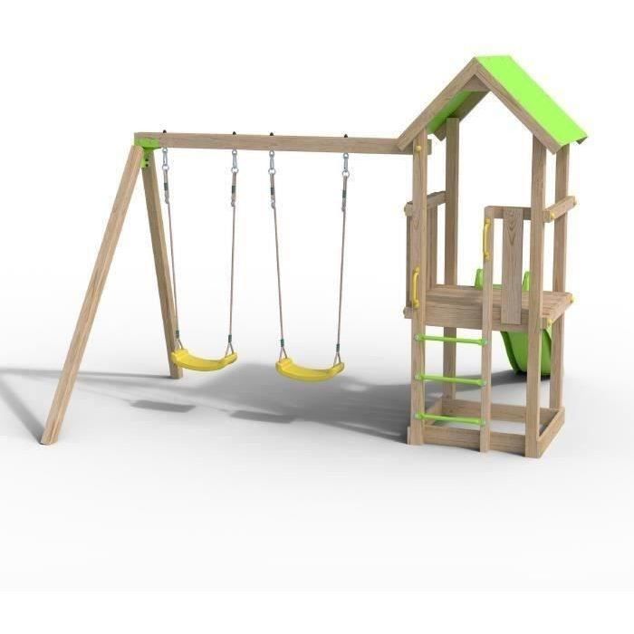 TRIGANO Aire de jeux en bois EASY XPERIENCE - 2 balancoires 1 toboggan - 6 enfants