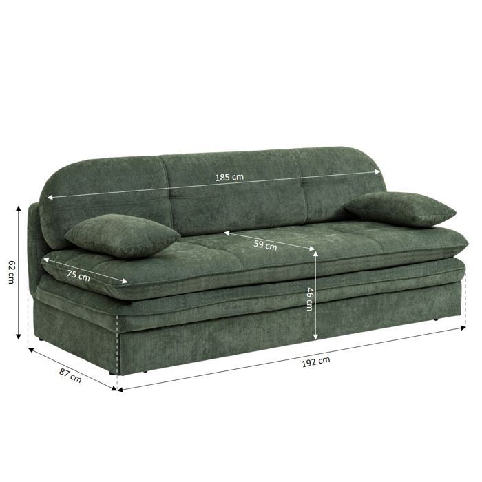 Sofá convertible de 3 plazas CILA en tela verde.
