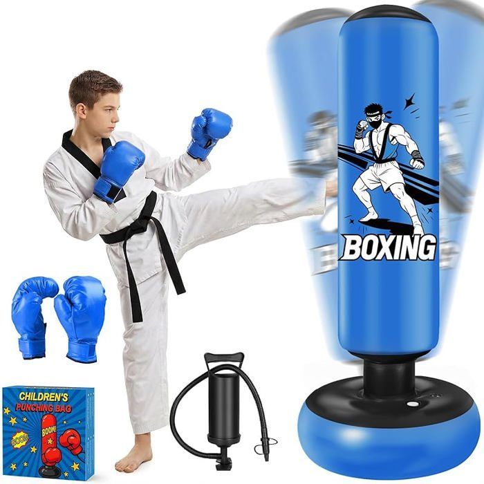 Sacco da boxe autoportante per bambini, 168 cm, blu, con guantoni e pompa, palla da boxe per bambini, karate e taekwondo, per ragazze