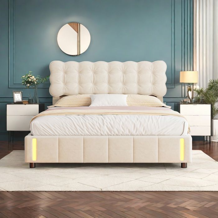Letto contenitore 140x200 cm, letto matrimoniale con illuminazione a LED, testiera, sensore luce notturna, rete a doghe, letto per adulti, velluto, beige