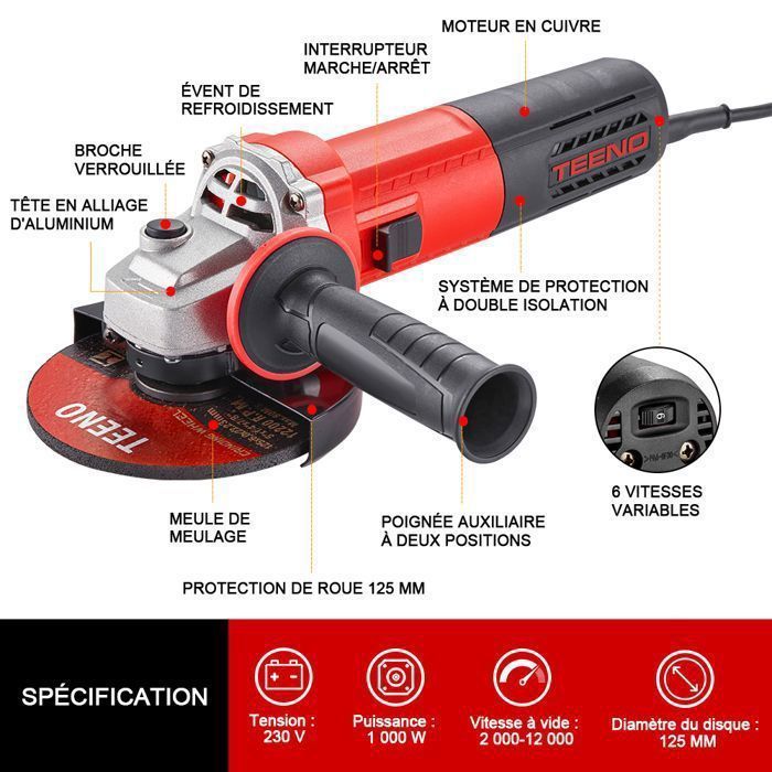 Meuleuse d'angle - TEENO - 1000W - Disque 125 mm - 2000-12000 trs/min - Moteur tout cuivre