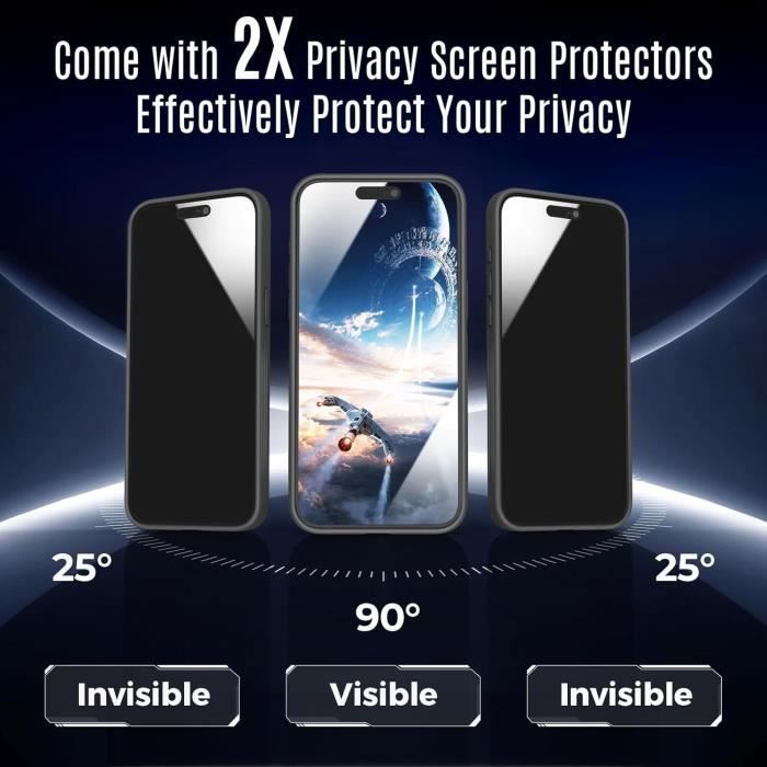 Coque pour iphone 15 et 2 vitres anti espion 2x verre caméra compatible magsafe noir hd