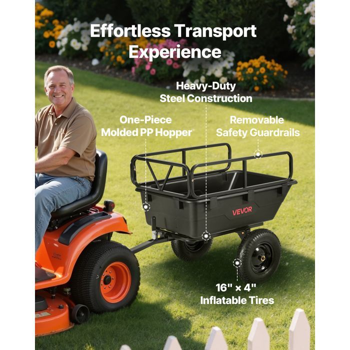 Remolque basculante VEVOR 283L - Remolque para tractor cortacésped - Jardín - Polietileno - Capacidad de carga 226,8 kg