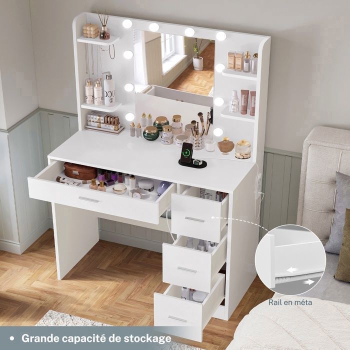 TEENFON Coiffeuse avec éclairage LED et 4 tiroirs, Coiffeuse avec station de charge, 85*40*135cm,Blanc