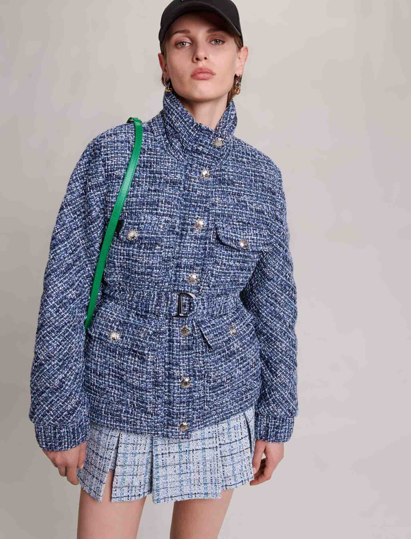 Tikattu tweed-untuvatakki - Sininen