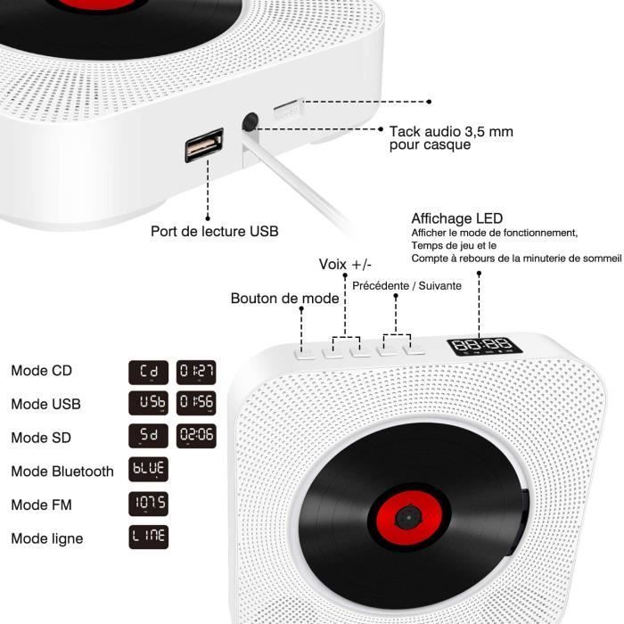 Reproductor de CD portátil UVERBON con altavoces HiFi integrados y soporte de pared - Blanco