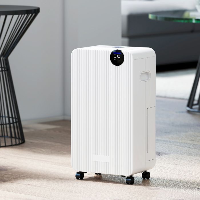 Deshumidificador de aire - HOMCOM - 12 L/día - silencioso - depósito de agua de 2,1 L, pantalla LED - ABS - 28 x 18,5 x 50,5 cm - blanco
