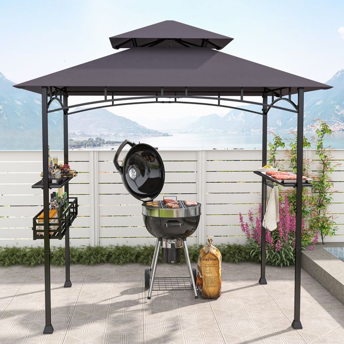 COSTWAY 242x153cm Barbecue Gazebo - 2-Tier Roof - 2 Side Shelves - Storage Basket - Hanging Hooks - Bottle Opener - Grey