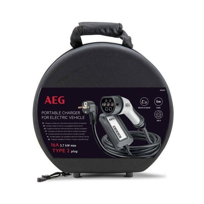 Cargador portátil para vehículos eléctricos e híbridos - AEG - Tipo 2 - Monofásico, 16A, 230V CA - Enchufe europeo de 230V - L: 5m.