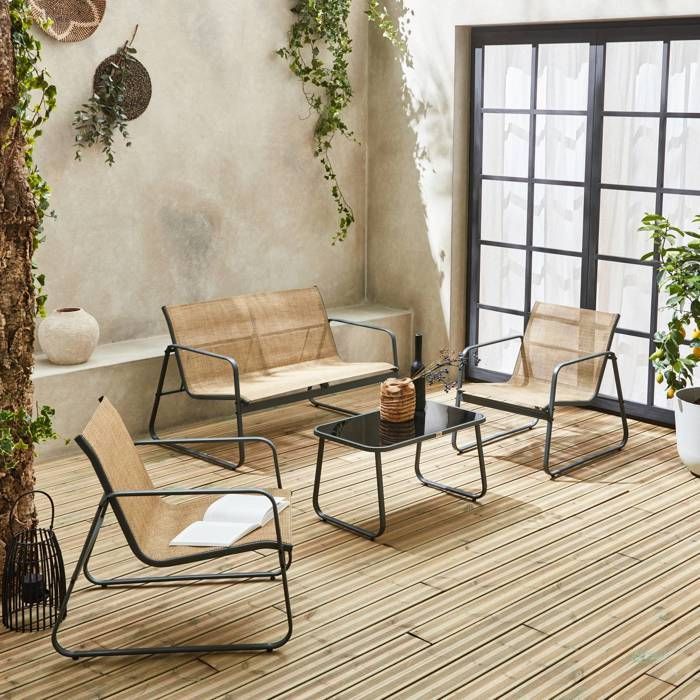 Garden furniture set in metal and textilene for 4 people. Anthracite and natural. Design
