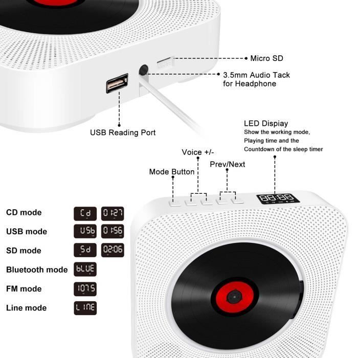 Reproductor de CD portátil - PIMPIMSKY - Bluetooth de pared - Radio FM - Altavoces HiFi - MP3 USB