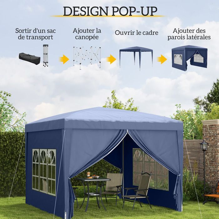 Garden gazebo - Outsunny - pop-up folding party tent with 4 removable walls - steel - 3x3m - blue