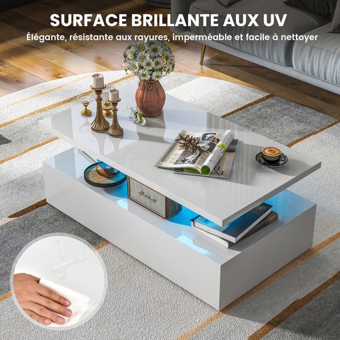 Mesa de centro iluminada de 2 niveles COSTWAY, colores de luz LED ajustables, brillo ajustable, control remoto, blanco brillante.