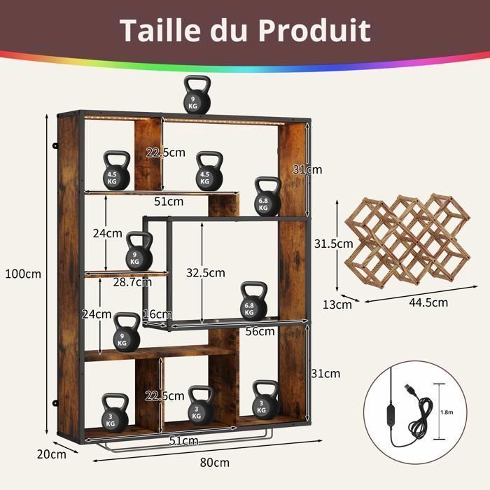 Estantería de pared LED RGB de 80 x 100 cm - 6 niveles - Estantería flotante de metal - Marrón