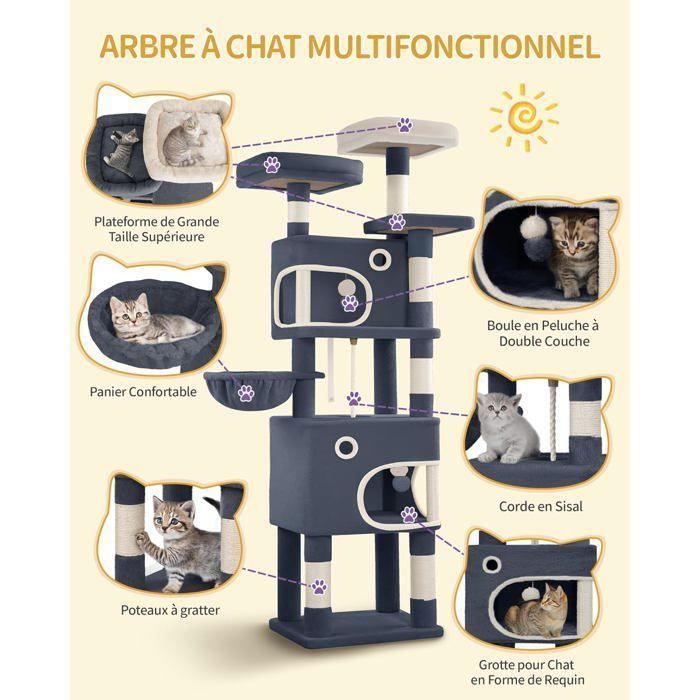 Árbol rascador para gatos, 180 cm de altura, torre de juegos con 8 postes rascadores, 3 plataformas, 2 cuevas, cesta y pompones, gris oscuro.