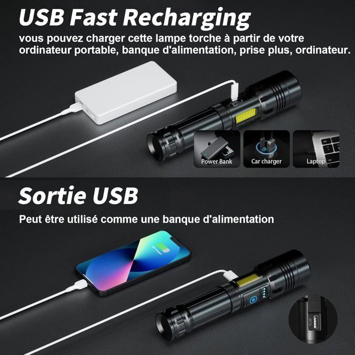 Linterna LED ultra potente: 1.000.000 lúmenes, recargable, 7 modos, resistente al agua IPX7, ideal para acampar y hacer senderismo.